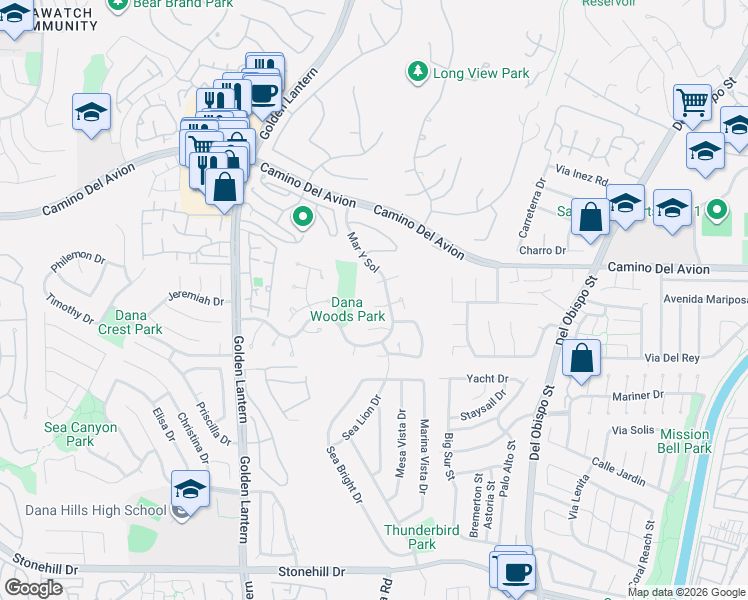 map of restaurants, bars, coffee shops, grocery stores, and more near 25121 Danabirch in Dana Point