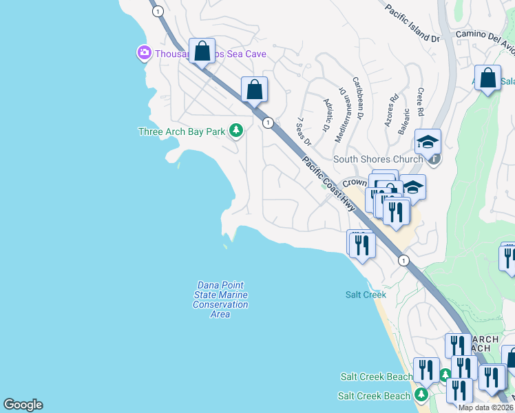 map of restaurants, bars, coffee shops, grocery stores, and more near 93 Monarch Bay Drive in Dana Point