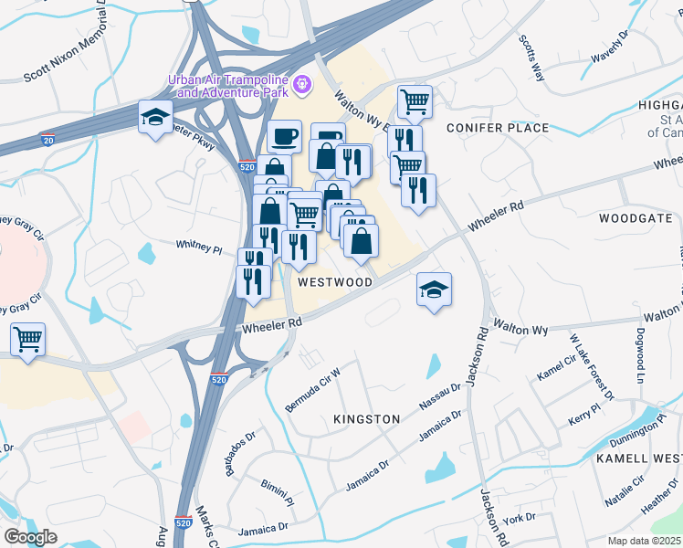 map of restaurants, bars, coffee shops, grocery stores, and more near 4010 Wheeler Woods Road in Augusta