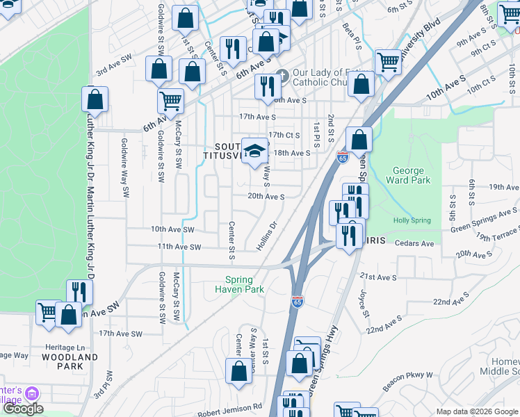 map of restaurants, bars, coffee shops, grocery stores, and more near 2006 Center Way South in Birmingham