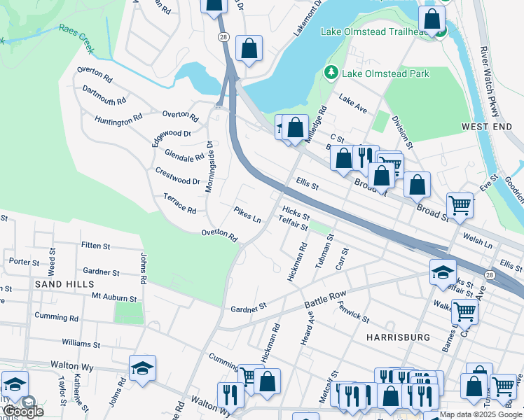 map of restaurants, bars, coffee shops, grocery stores, and more near 423 Milledge Rd in Augusta