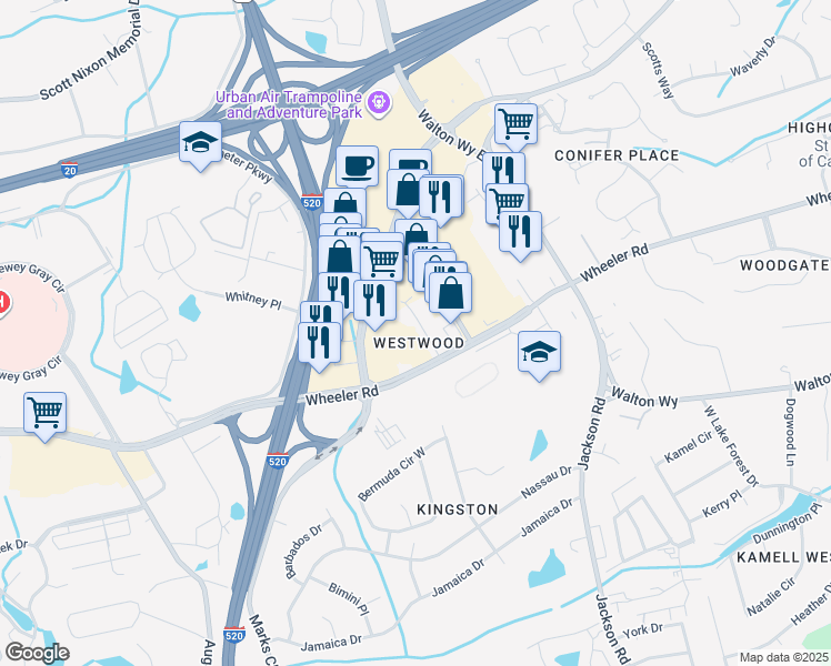 map of restaurants, bars, coffee shops, grocery stores, and more near 4011 Wheeler Woods Road in Augusta
