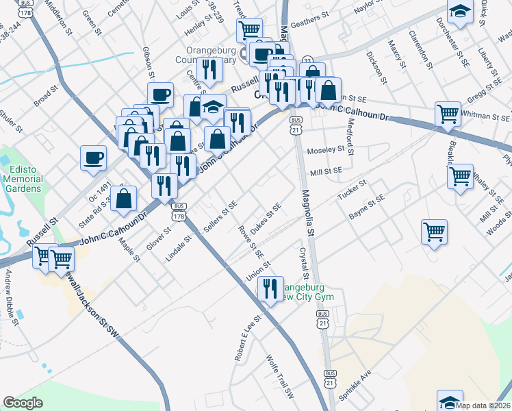map of restaurants, bars, coffee shops, grocery stores, and more near 389 Jennings Court Southeast in Orangeburg