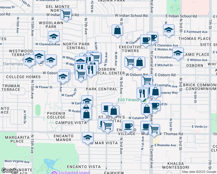 map of restaurants, bars, coffee shops, grocery stores, and more near 414 West Flower Street in Phoenix