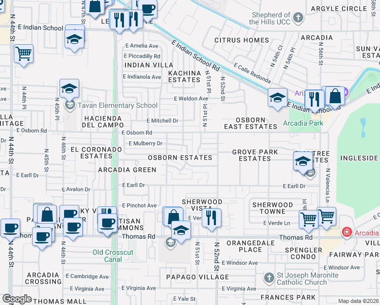 map of restaurants, bars, coffee shops, grocery stores, and more near 3313 North 50th Place in Phoenix