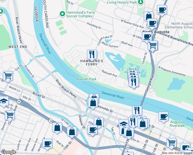 map of restaurants, bars, coffee shops, grocery stores, and more near 13 Madison Street in North Augusta