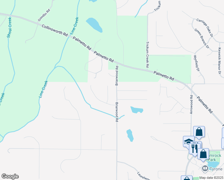 map of restaurants, bars, coffee shops, grocery stores, and more near 135 Calypso Court in Tyrone