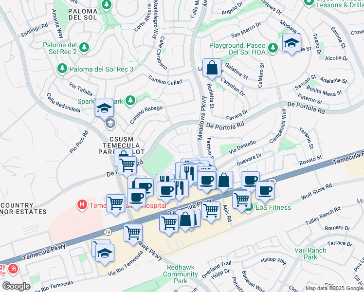 map of restaurants, bars, coffee shops, grocery stores, and more near 31831 Calle Brio in Temecula