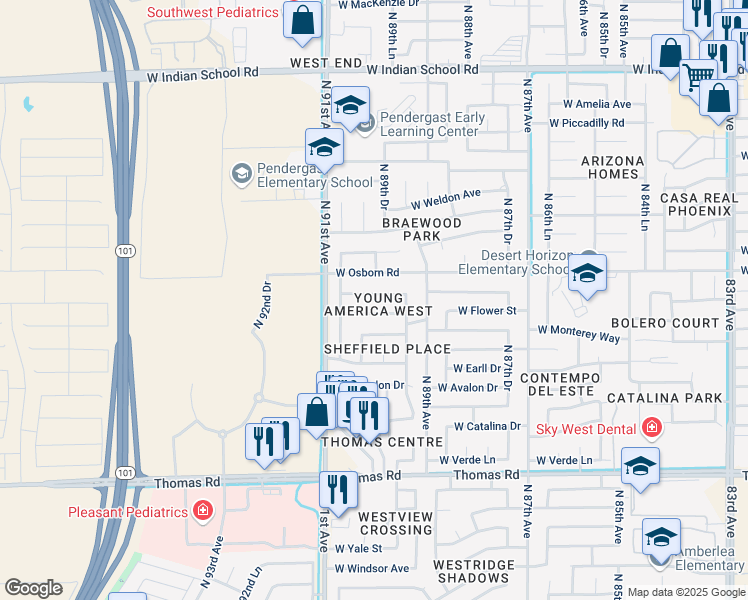 map of restaurants, bars, coffee shops, grocery stores, and more near 8929 West Mulberry Drive in Phoenix
