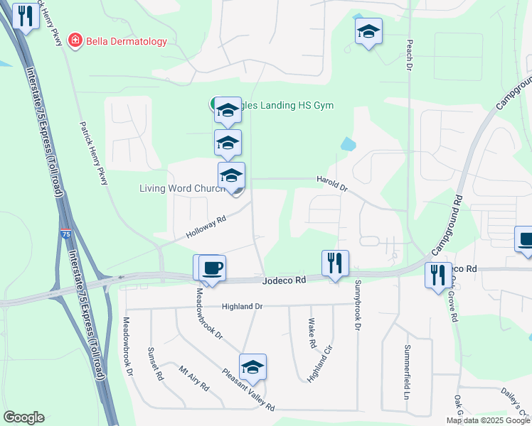 map of restaurants, bars, coffee shops, grocery stores, and more near 328 Tunis Road in McDonough