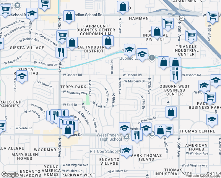 map of restaurants, bars, coffee shops, grocery stores, and more near 3308 North 39th Drive in Phoenix