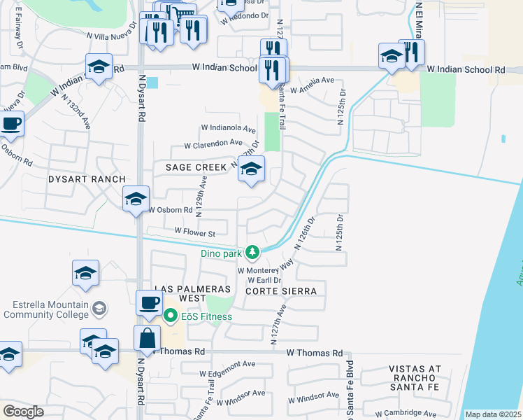 map of restaurants, bars, coffee shops, grocery stores, and more near 12726 West Hollyhock Drive in Avondale