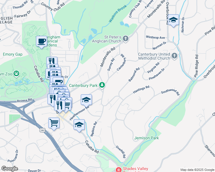 map of restaurants, bars, coffee shops, grocery stores, and more near 2801 Canterbury Road in Birmingham