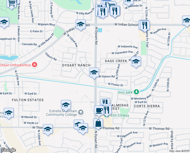 map of restaurants, bars, coffee shops, grocery stores, and more near North Dysart Road & Osborn Road in Avondale