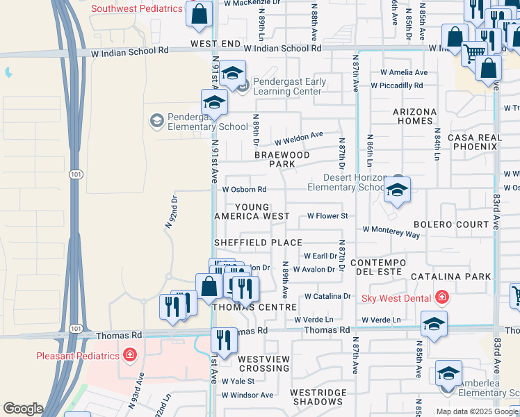 map of restaurants, bars, coffee shops, grocery stores, and more near 8929 West Mulberry Drive in Phoenix