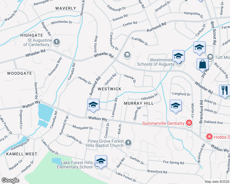 map of restaurants, bars, coffee shops, grocery stores, and more near 753 Lancaster Rd in Augusta