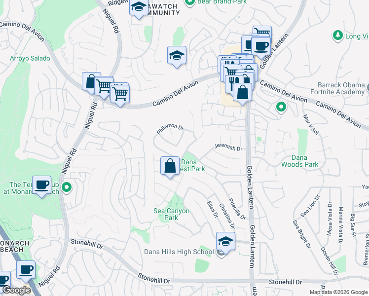 map of restaurants, bars, coffee shops, grocery stores, and more near 32845 Leah Drive in Dana Point