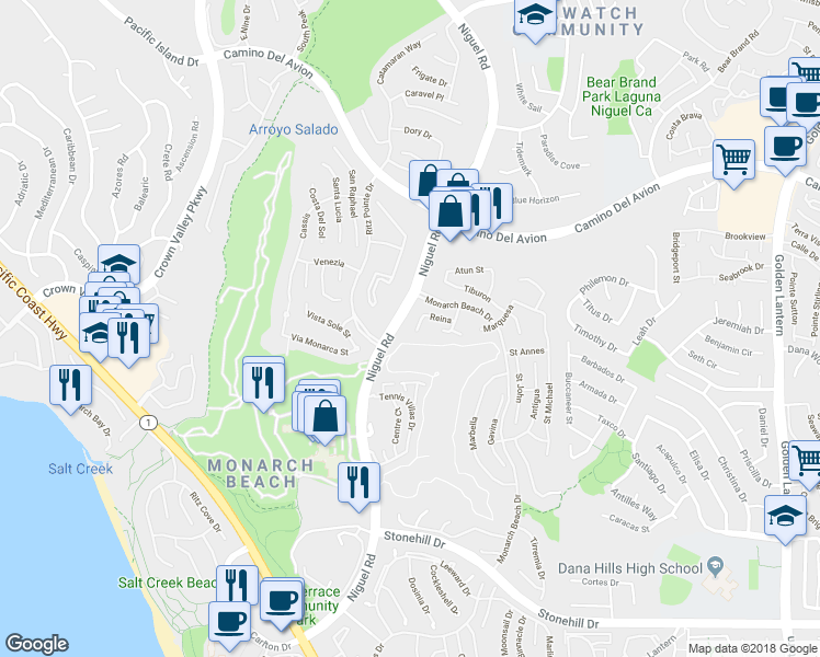 map of restaurants, bars, coffee shops, grocery stores, and more near 9 Reina in Dana Point
