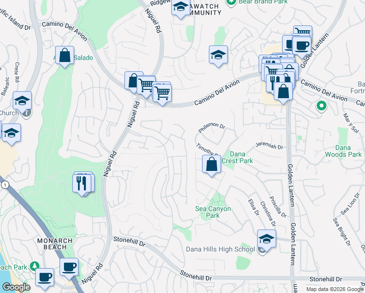 map of restaurants, bars, coffee shops, grocery stores, and more near 31 Regina in Dana Point