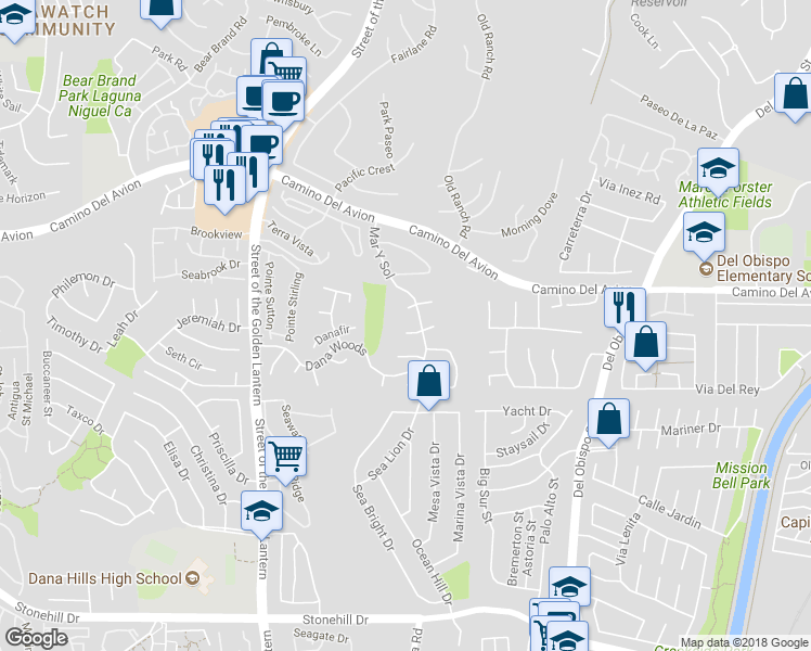 map of restaurants, bars, coffee shops, grocery stores, and more near 25121 Danabirch in Dana Point