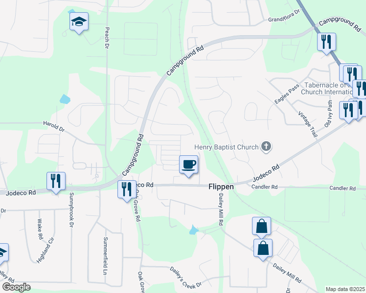 map of restaurants, bars, coffee shops, grocery stores, and more near 1213 Winwood Drive in McDonough