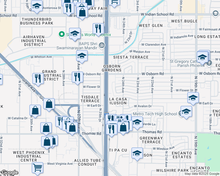map of restaurants, bars, coffee shops, grocery stores, and more near 3151 North Black Canyon Highway in Phoenix