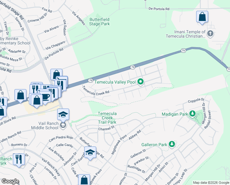 map of restaurants, bars, coffee shops, grocery stores, and more near 33736 Emerald Creek Court in Temecula