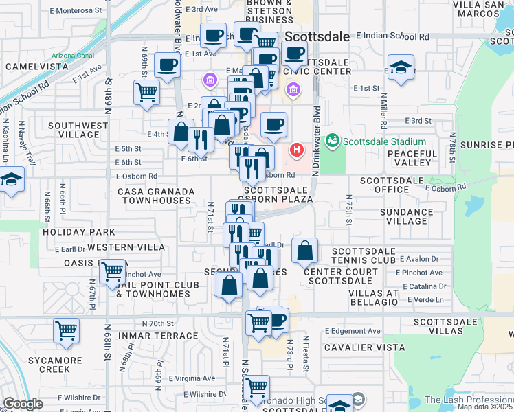 map of restaurants, bars, coffee shops, grocery stores, and more near 3311 North Scottsdale Road in Scottsdale