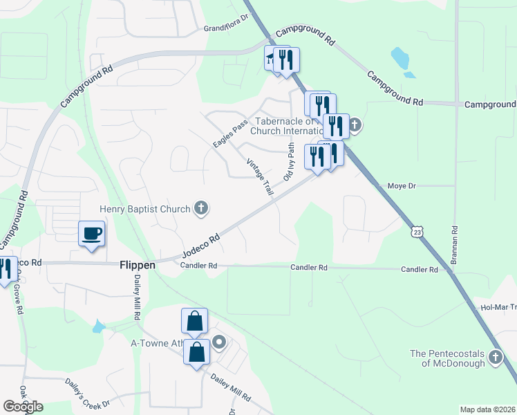 map of restaurants, bars, coffee shops, grocery stores, and more near 4135 Jodeco Road in McDonough