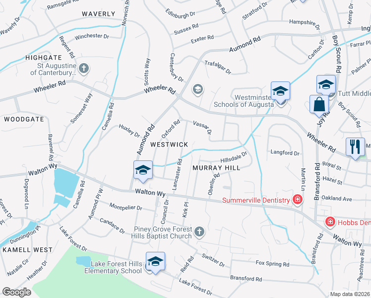 map of restaurants, bars, coffee shops, grocery stores, and more near 753 Lancaster Road in Augusta