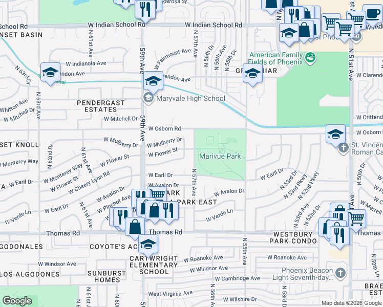 map of restaurants, bars, coffee shops, grocery stores, and more near 3142 North 57th Avenue in Phoenix