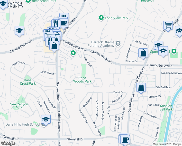 map of restaurants, bars, coffee shops, grocery stores, and more near 25101 Danabirch in Dana Point