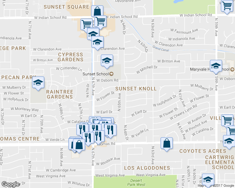 map of restaurants, bars, coffee shops, grocery stores, and more near 3212 North 65th Avenue in Phoenix