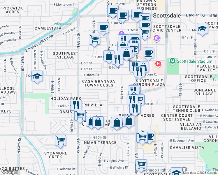 map of restaurants, bars, coffee shops, grocery stores, and more near 3239 North 70th Street in Scottsdale