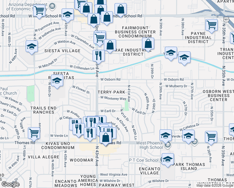map of restaurants, bars, coffee shops, grocery stores, and more near 4137 West Flower Street in Phoenix