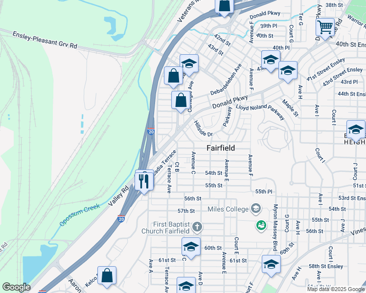 map of restaurants, bars, coffee shops, grocery stores, and more near 5142 Avenue C in Fairfield