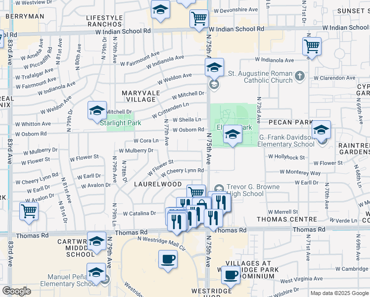 map of restaurants, bars, coffee shops, grocery stores, and more near 7602 West Mulberry Drive in Phoenix