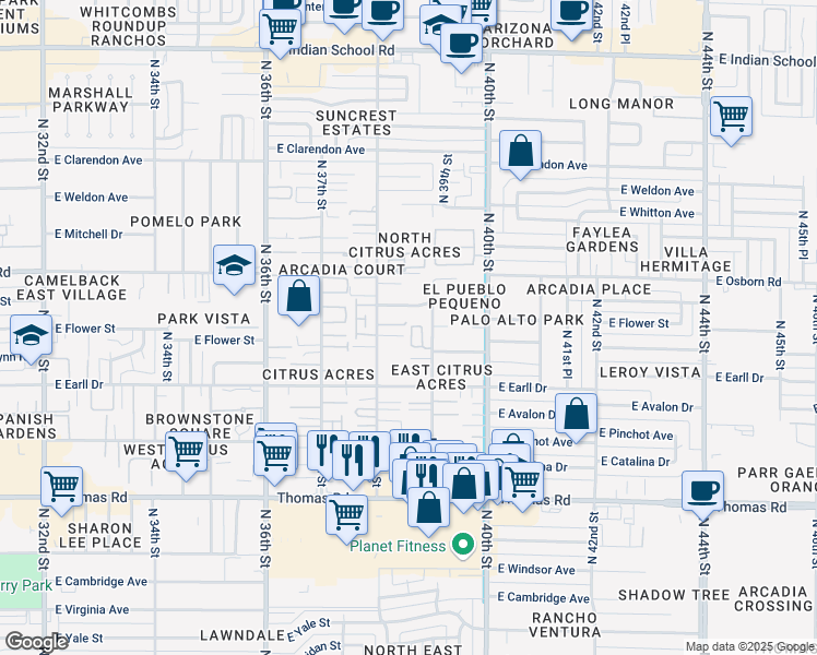 map of restaurants, bars, coffee shops, grocery stores, and more near 3202 North 39th Street in Phoenix