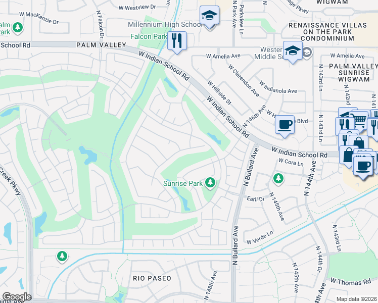 map of restaurants, bars, coffee shops, grocery stores, and more near 14883 West Crenshaw Drive in Goodyear
