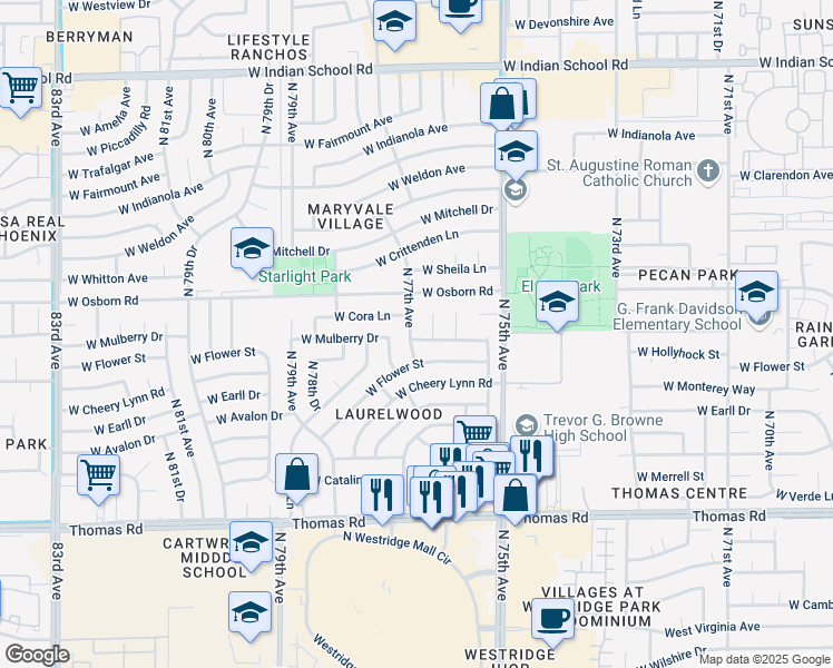 map of restaurants, bars, coffee shops, grocery stores, and more near 7634 West Mulberry Drive in Phoenix