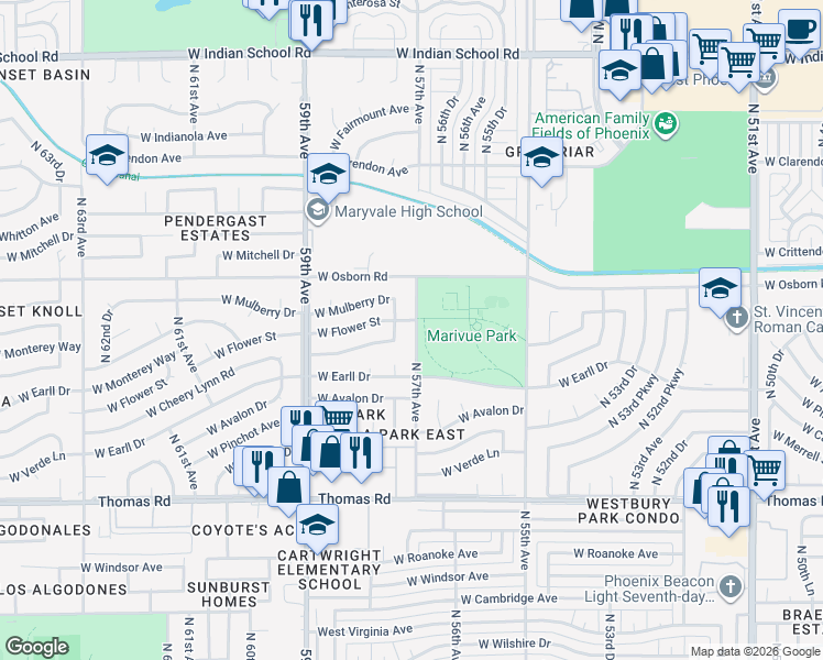 map of restaurants, bars, coffee shops, grocery stores, and more near 3142 North 57th Avenue in Phoenix