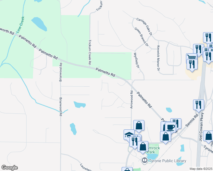 map of restaurants, bars, coffee shops, grocery stores, and more near 210 Valley View Drive in Tyrone