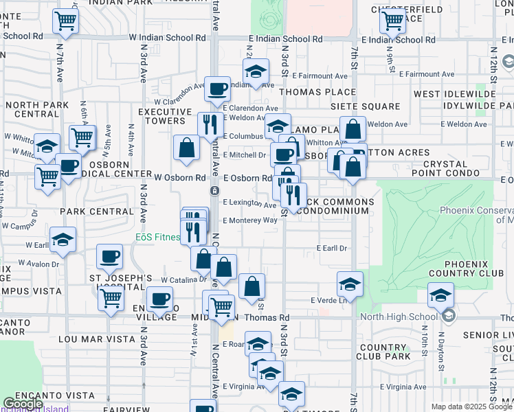 map of restaurants, bars, coffee shops, grocery stores, and more near 155 East Lexington Avenue in Phoenix