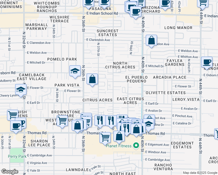 map of restaurants, bars, coffee shops, grocery stores, and more near 3202 N 38th St in Phoenix