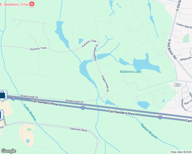 map of restaurants, bars, coffee shops, grocery stores, and more near 325 Sugarcreek Drive in Grovetown