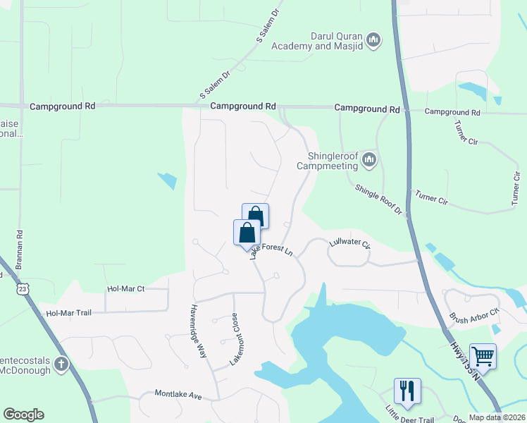 map of restaurants, bars, coffee shops, grocery stores, and more near 2250 Whispering Pines Lane in McDonough