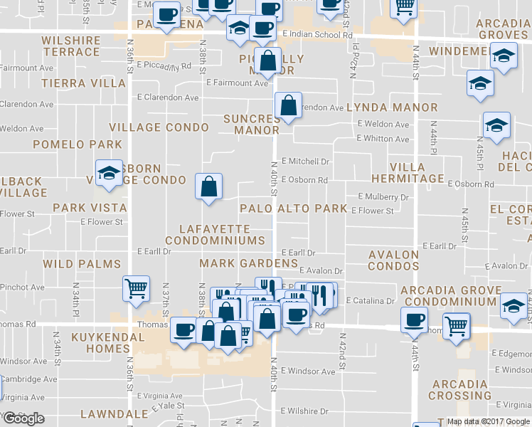 map of restaurants, bars, coffee shops, grocery stores, and more near 3960 East Flower Street in Phoenix
