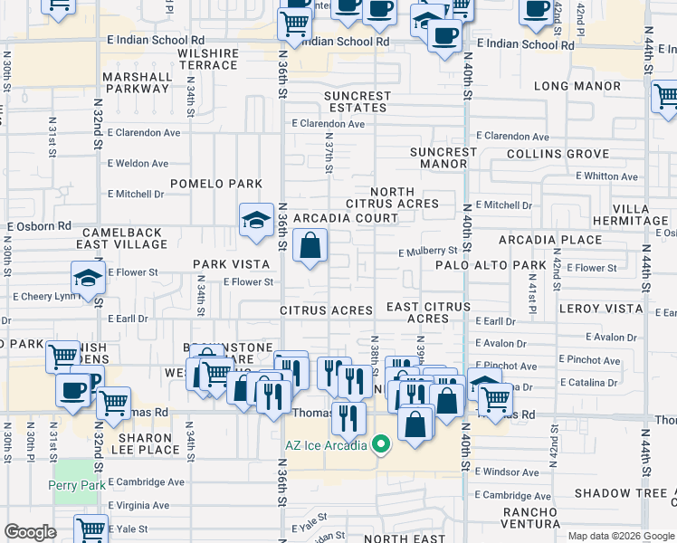 map of restaurants, bars, coffee shops, grocery stores, and more near 3221 North 37th Street in Phoenix