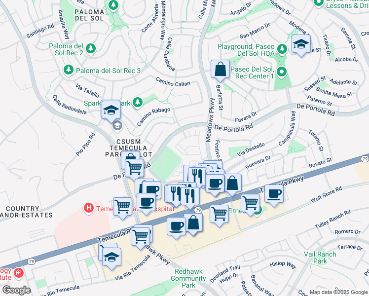 map of restaurants, bars, coffee shops, grocery stores, and more near 44158 Calle Ciuita in Temecula