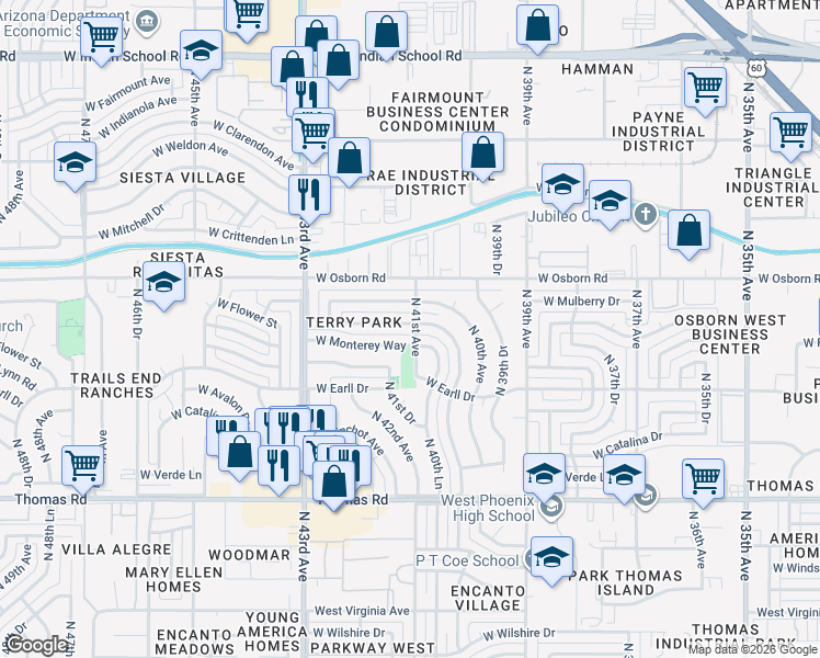map of restaurants, bars, coffee shops, grocery stores, and more near 4101 West Flower Street in Phoenix